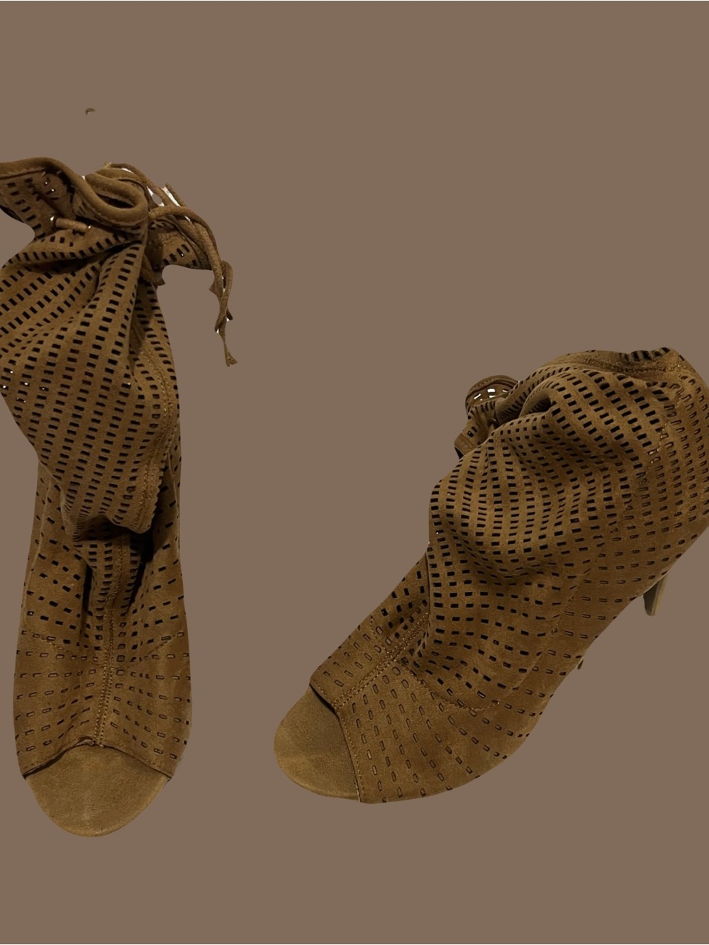 Anne Michelle Brown Perforated Suede Peep-Toe Lace-Up Booties